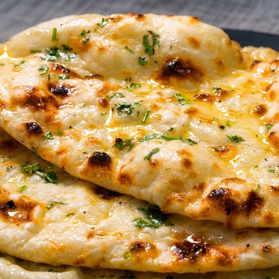 Golden-brown naan bread, brushed with butter and sprinkled with fresh herbs, stacked on a dark plate.