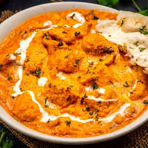 A bowl of creamy orange butter chicken with white swirls and green herbs, served with naan bread.