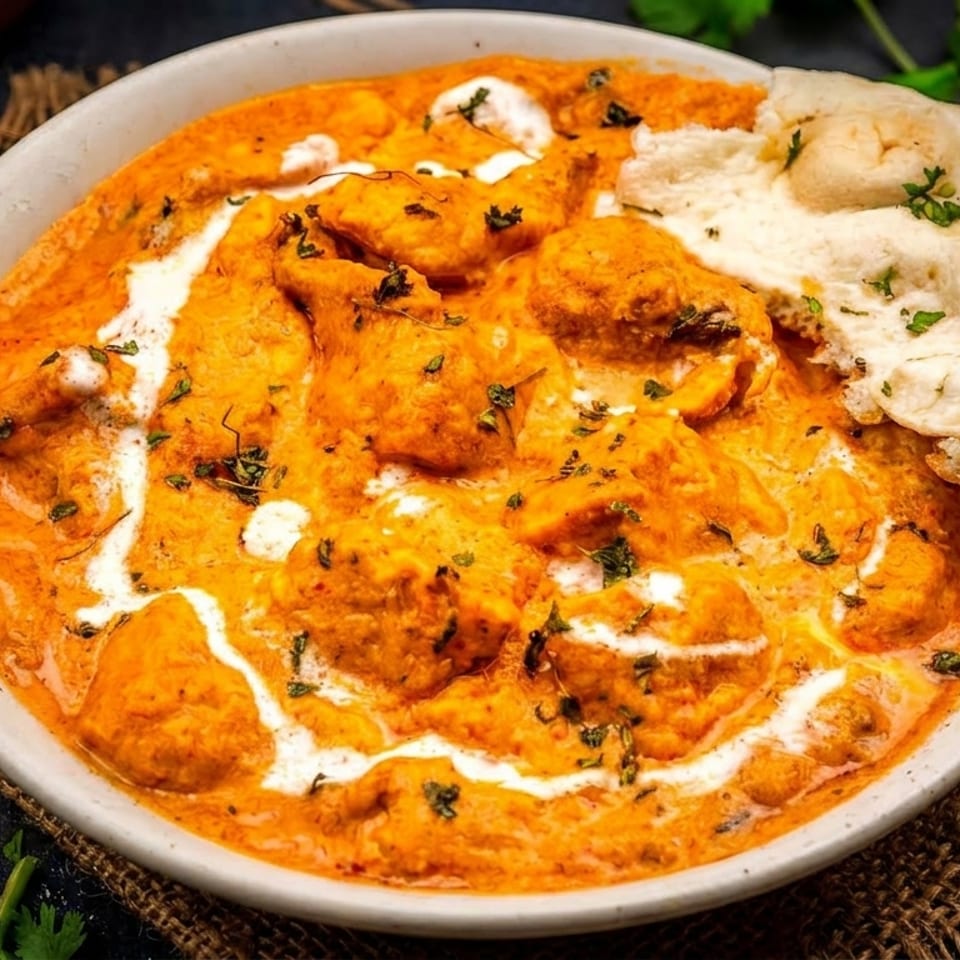 A bowl of creamy orange butter chicken with white swirls and green herbs, served with naan bread.