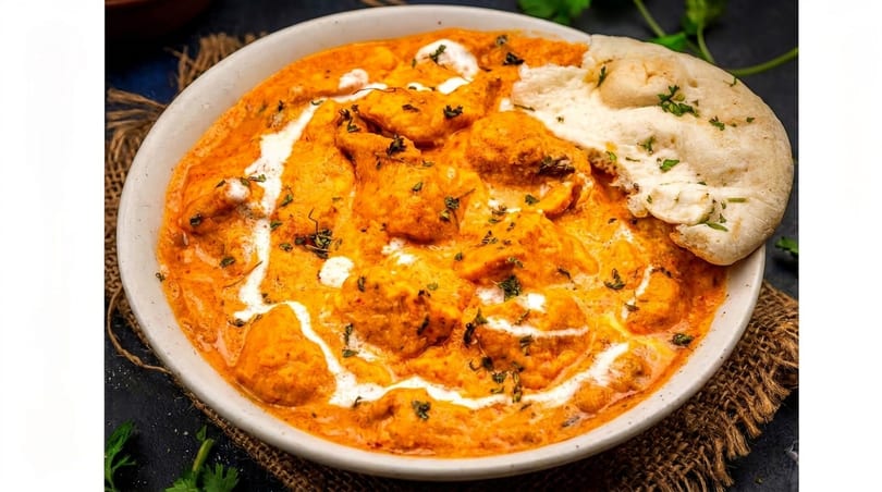A bowl of creamy orange butter chicken with white swirls and green herbs, served with naan bread.