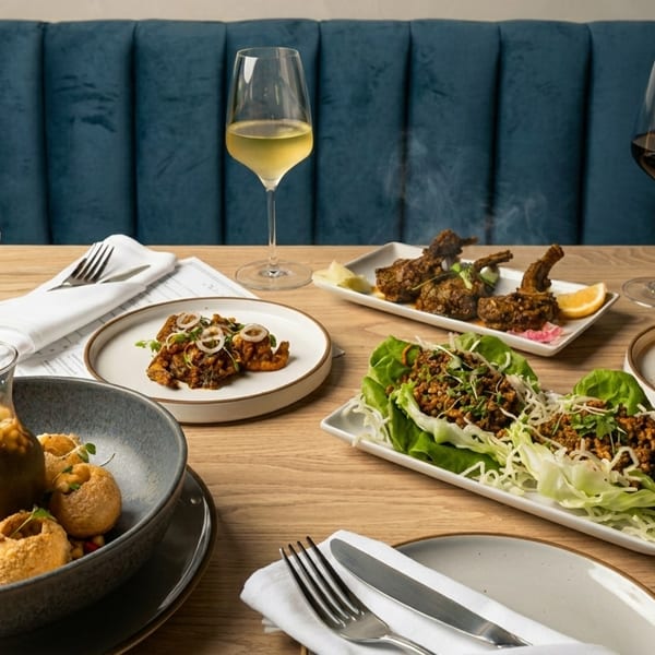 A table laden with various Indian dishes, including samosas, pani puri, and lamb chops, with wine glasses.