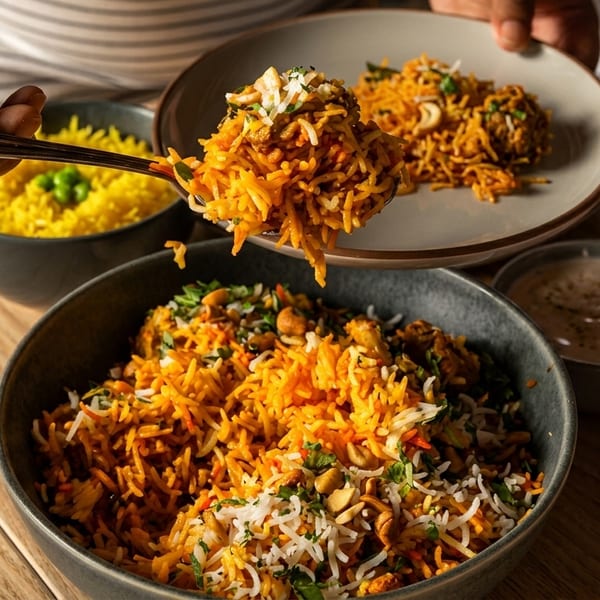 A person serving a spoonful of biryani from a large bowl onto a plate, with other rice dishes.