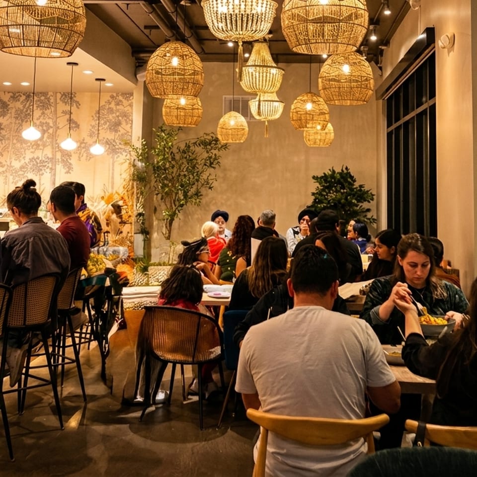 Diners enjoying meals and drinks at a lively, warmly lit restaurant with woven pendant lights.