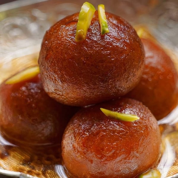 Four glistening gulab jamun, garnished with slivered pistachios, in a decorative silver bowl.