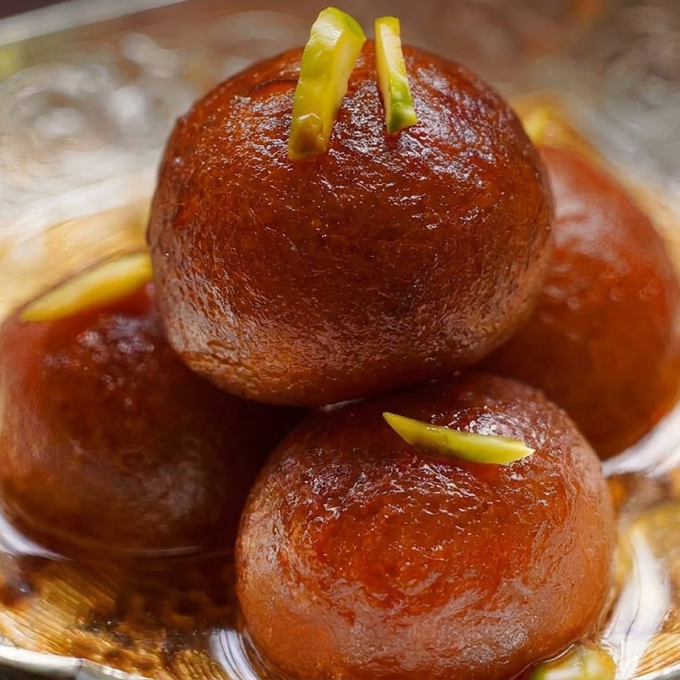 Four glistening gulab jamun, garnished with slivered pistachios, in a decorative silver bowl.