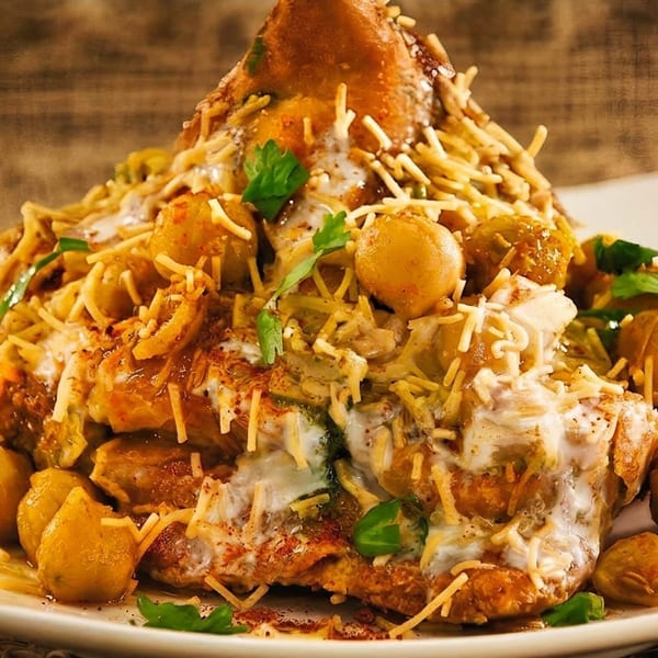 A close-up of a samosa chaat, topped with chickpeas, yogurt, chutneys, and crispy noodles.