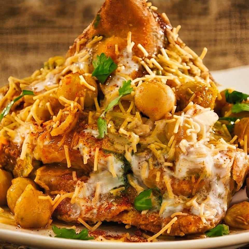 A close-up of a samosa chaat, topped with chickpeas, yogurt, chutneys, and crispy noodles.