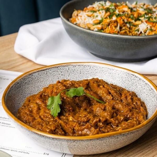 Indian dishes on a wooden table, including a bowl of curry, rice, and naan bread.