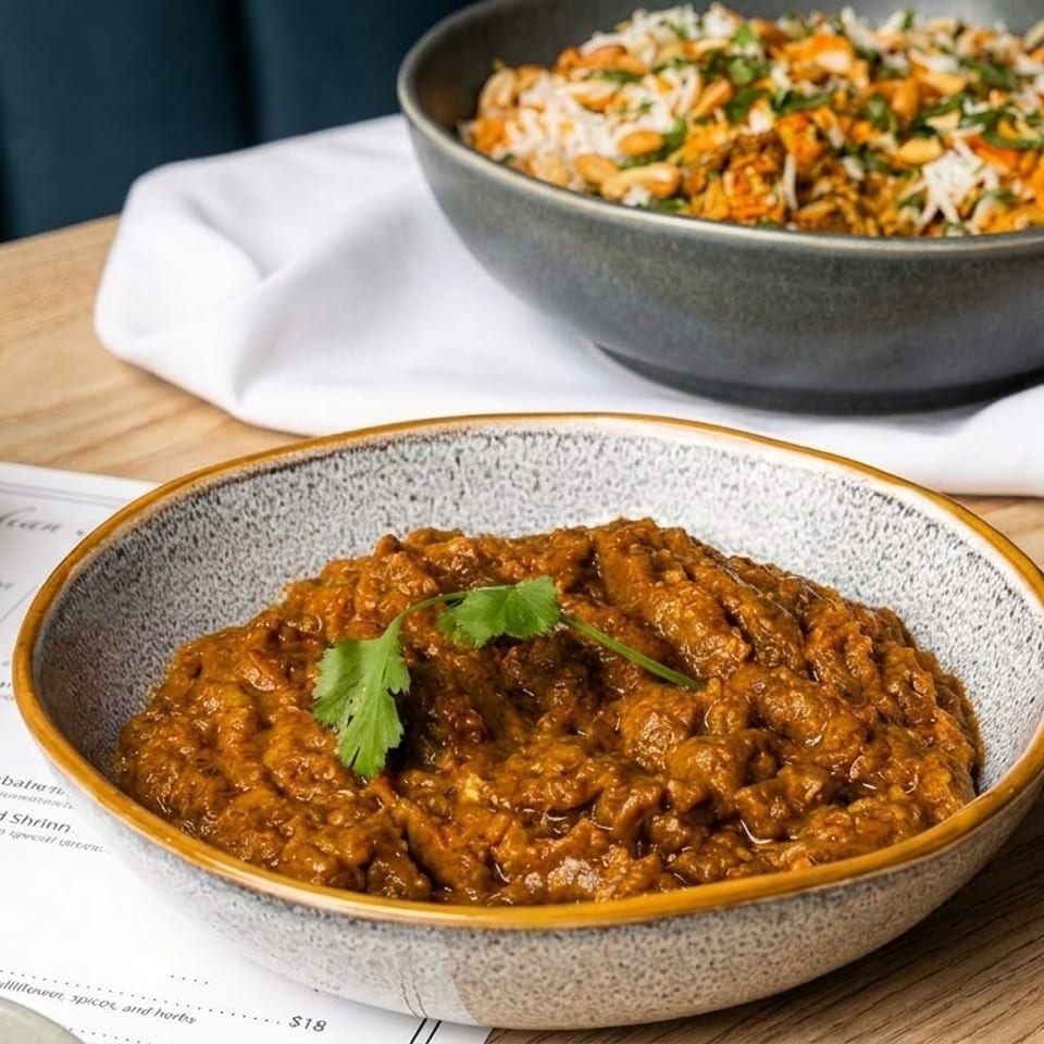 Indian dishes on a wooden table, including a bowl of curry, rice, and naan bread.