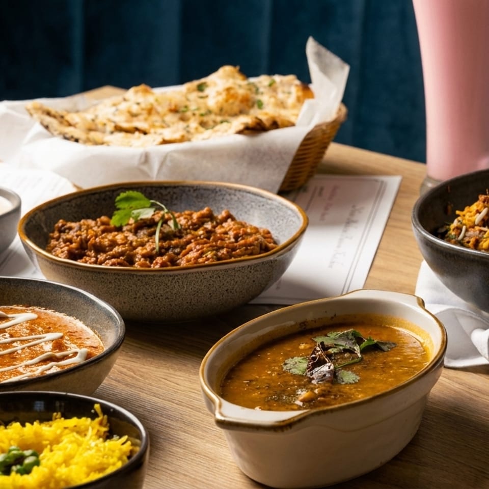 A table laden with various Indian dishes including curries, rice, naan bread, and a pink drink.