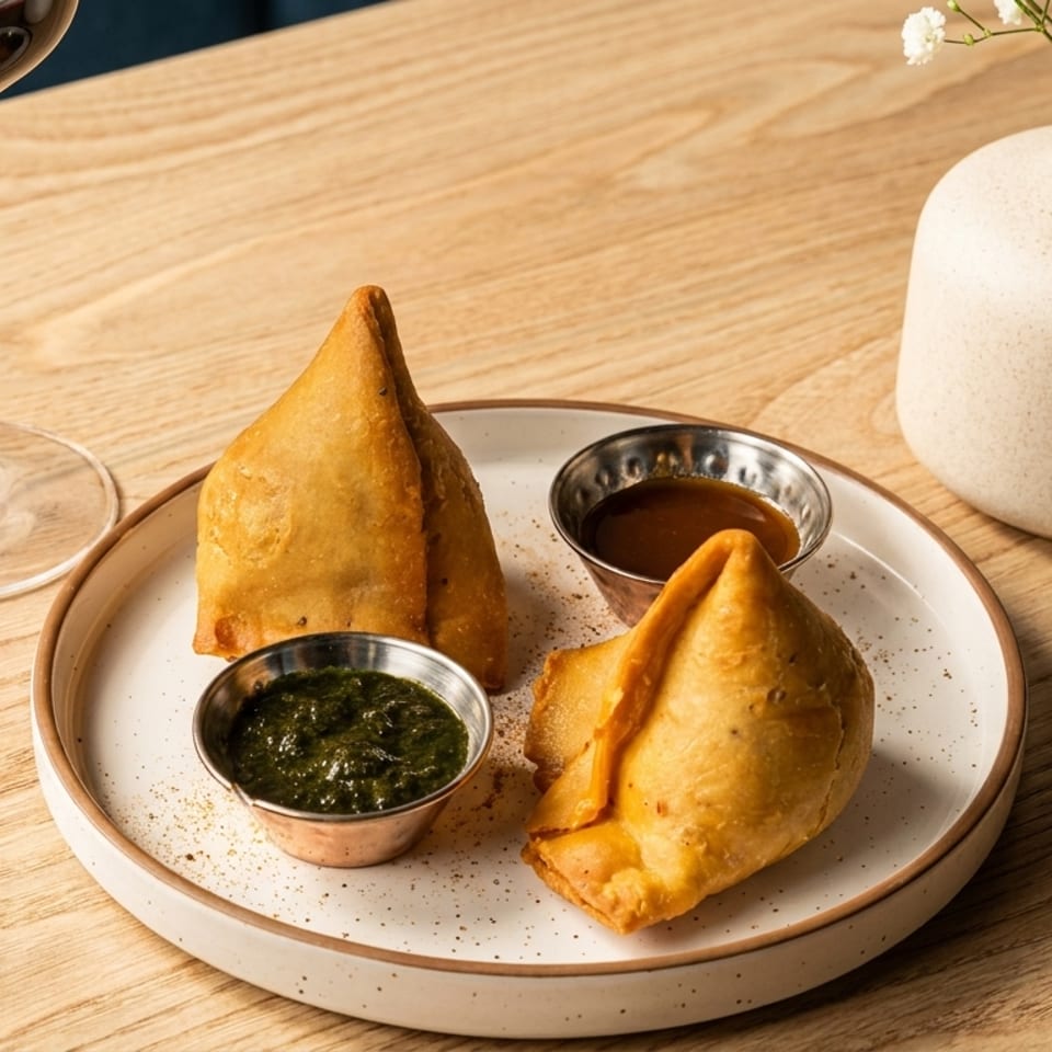Two golden-brown samosas with green and brown dipping sauces, a glass of red wine, and a vase of flowers.