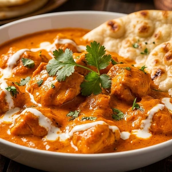 A white bowl of chicken tikka masala with naan bread, garnished with cilantro and cream.