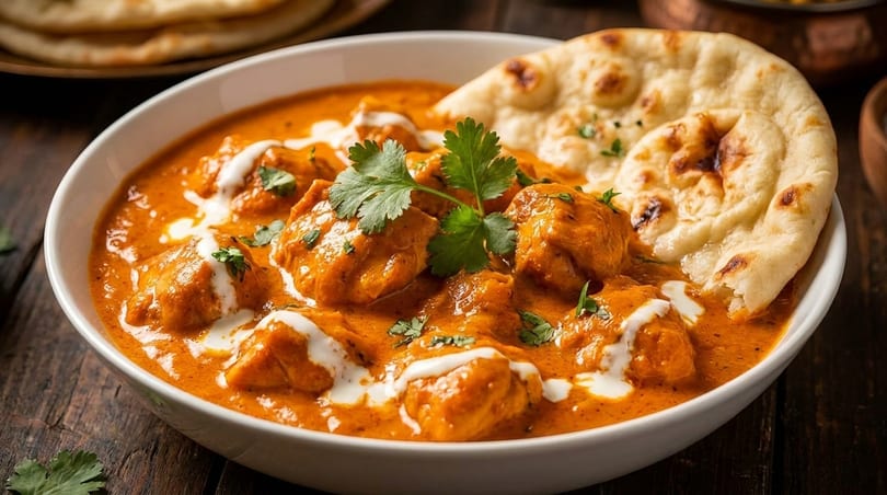 A white bowl of chicken tikka masala with naan bread, garnished with cilantro and cream.