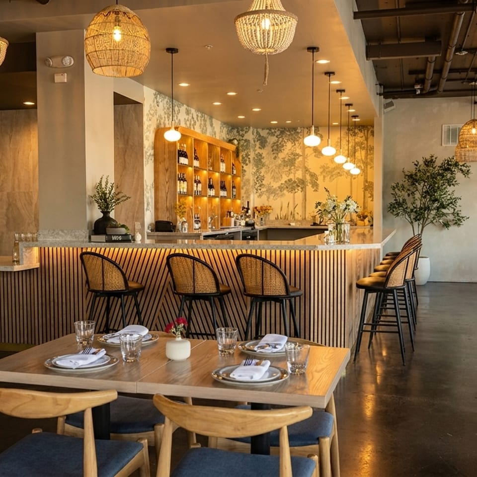 A modern restaurant interior with a bar, dining tables, woven light fixtures, and botanical wallpaper.