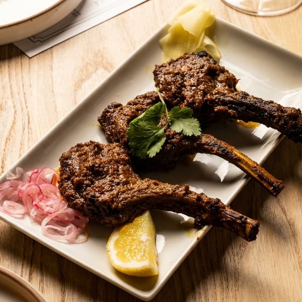 Three lamb chops with herbs, pickled onions, and a lemon wedge on a white plate.