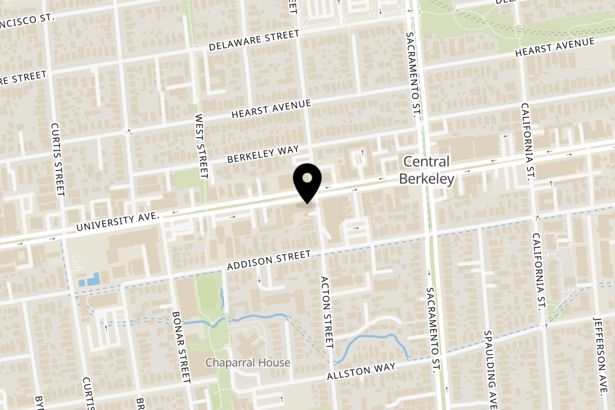 Map showing the location of Noor Indian Fusion Kitchen Berkeley (Dine-in and Takeout) on 1398 University Ave in Berkeley